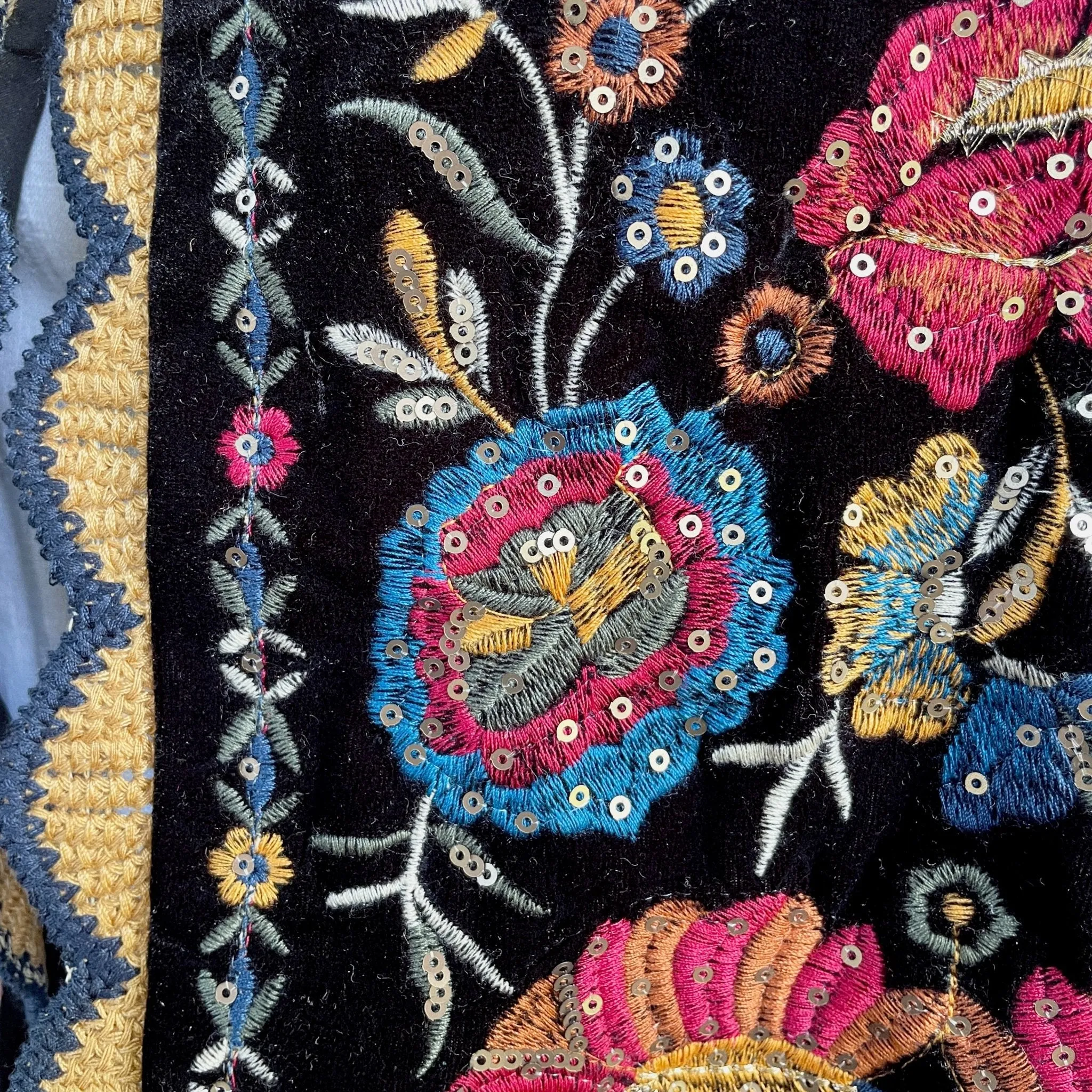 Velvet Vest Black Floral Embroidery Gypsy Boho Womens Unisex Waistcoat Sz M - New