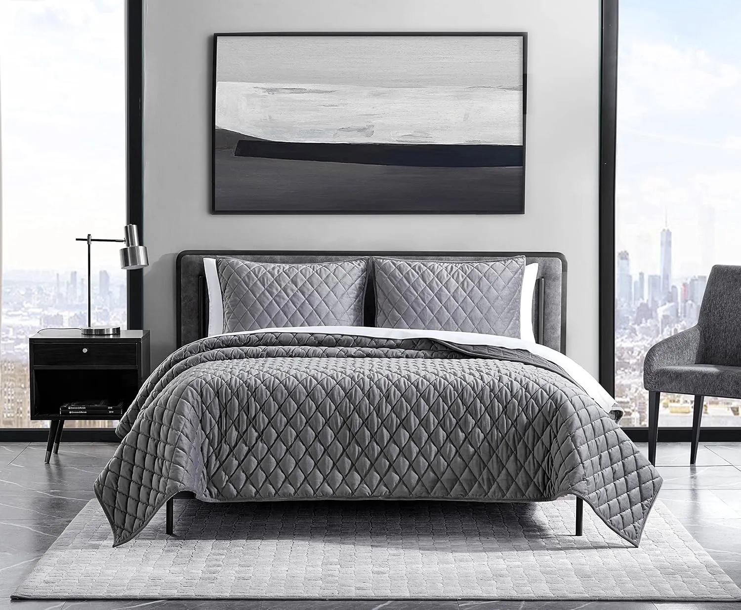 Vera Wang - Queen Quilt Set, Super Soft Bedding Set with Matching Shams, Modern Room Essentials (Diamond Velvet Charcoal Grey, Queen)
