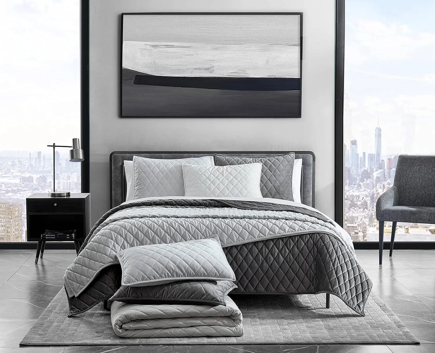Vera Wang - Queen Quilt Set, Super Soft Bedding Set with Matching Shams, Modern Room Essentials (Diamond Velvet Charcoal Grey, Queen)