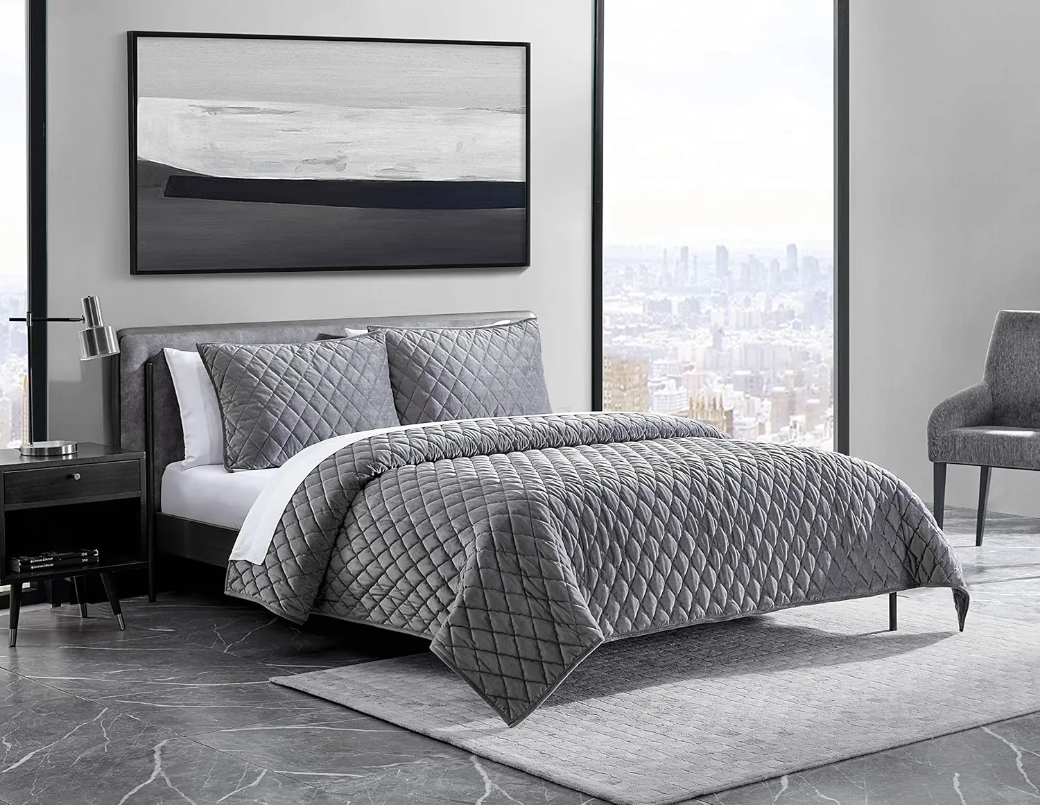 Vera Wang - Queen Quilt Set, Super Soft Bedding Set with Matching Shams, Modern Room Essentials (Diamond Velvet Charcoal Grey, Queen)