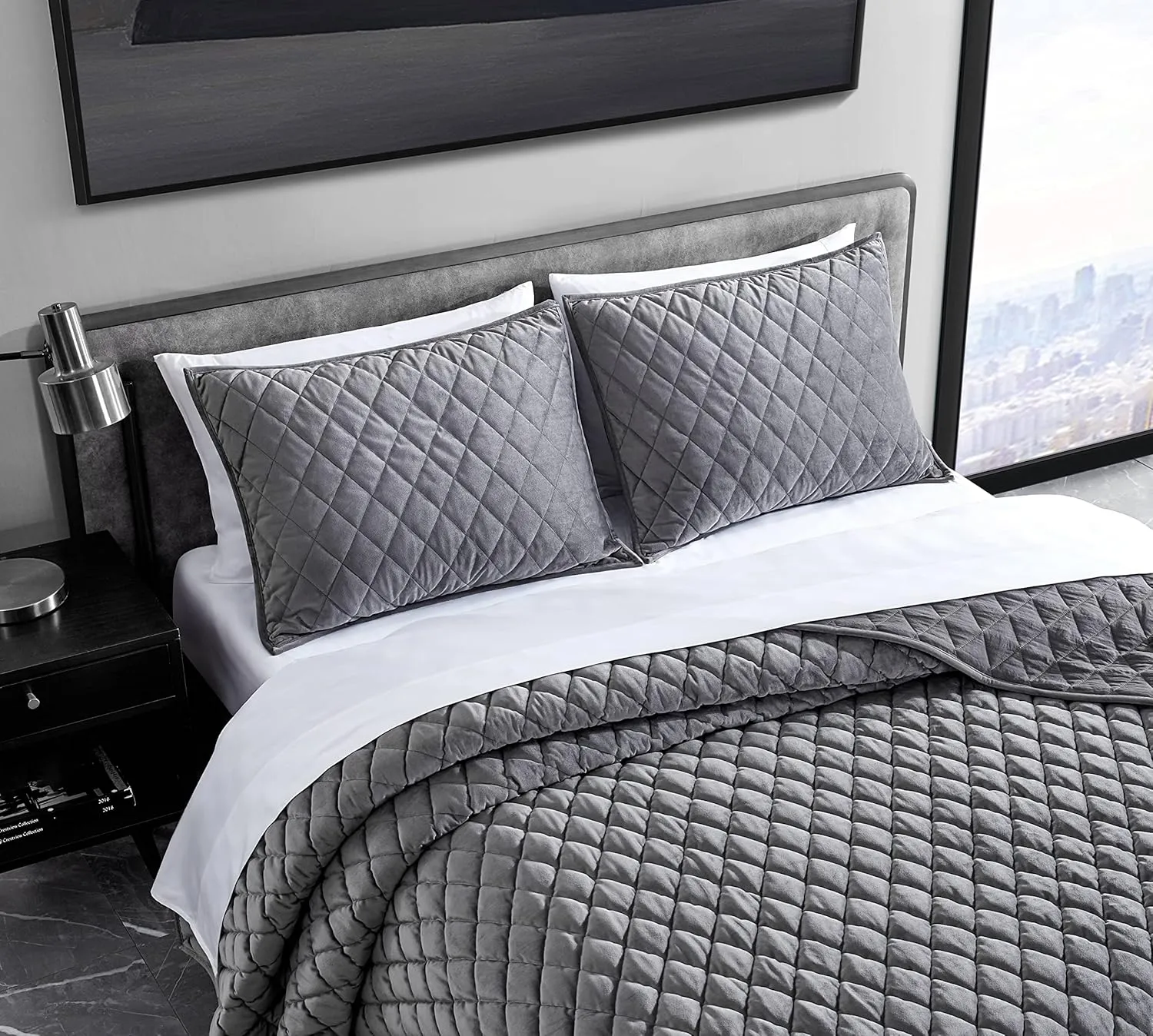 Vera Wang - Queen Quilt Set, Super Soft Bedding Set with Matching Shams, Modern Room Essentials (Diamond Velvet Charcoal Grey, Queen)