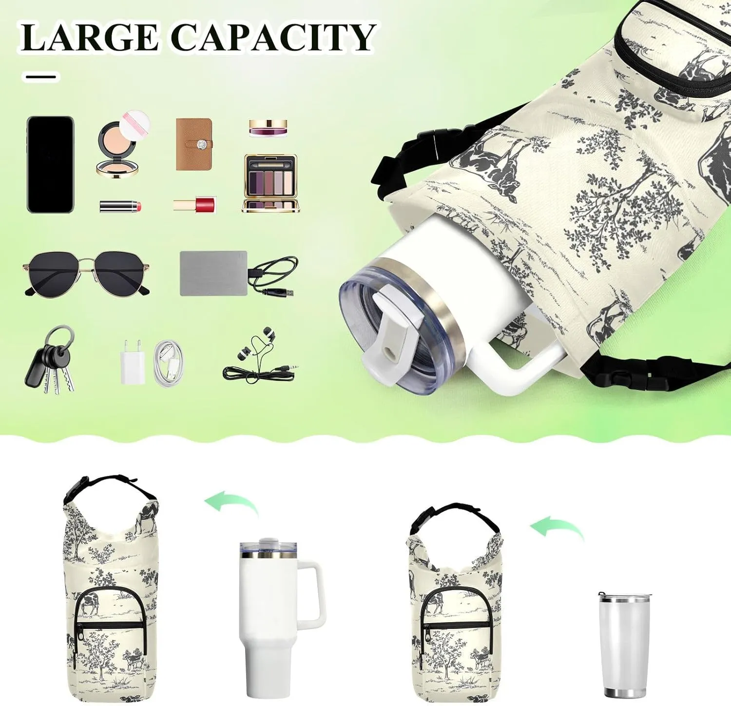Versatile Insulated Water Bottle Bag, Fits 20oz-40oz Bottles, Lightweight & Adjustable for Commuting, Travel, Hiking & Outdoor Adventures, Prairie Cow