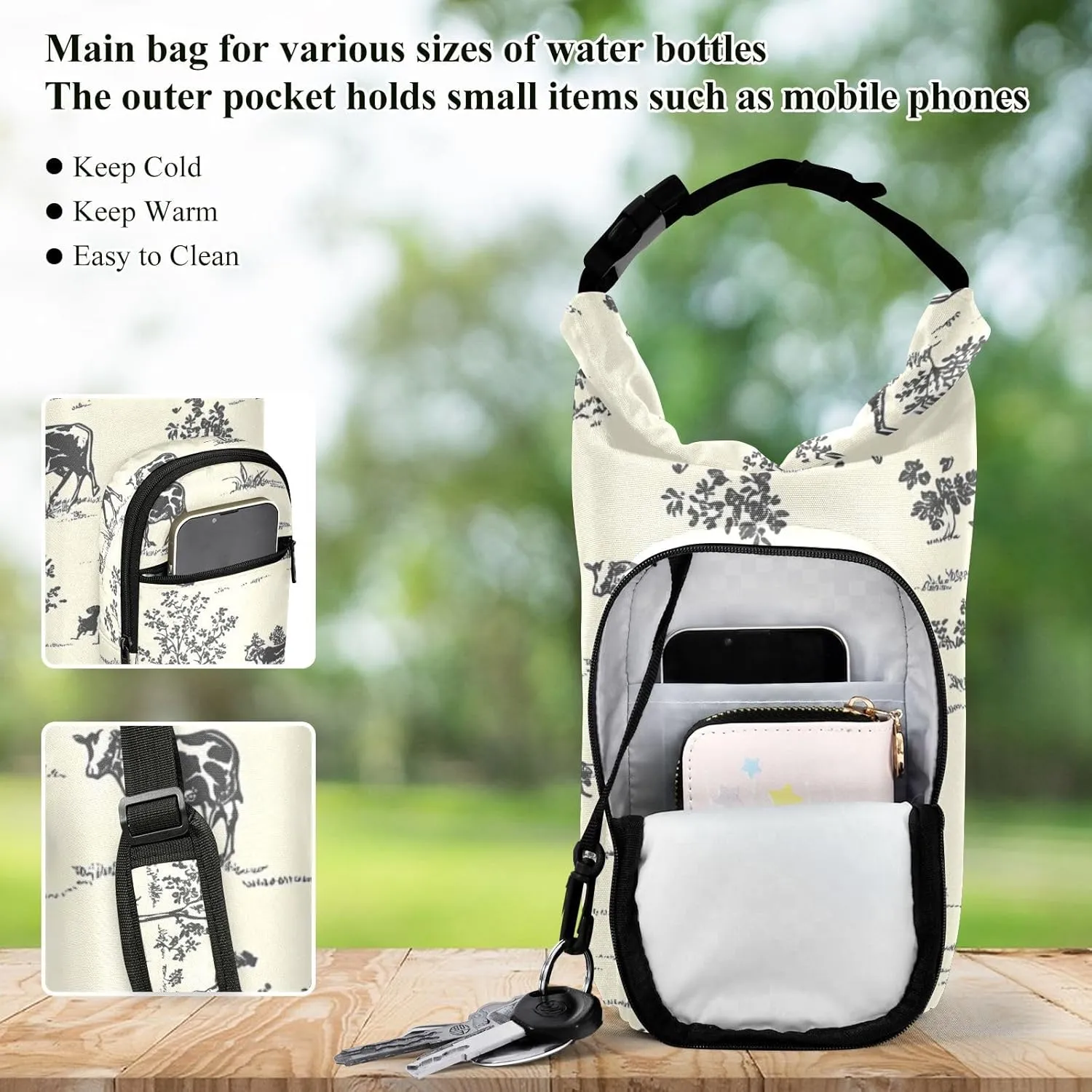 Versatile Insulated Water Bottle Bag, Fits 20oz-40oz Bottles, Lightweight & Adjustable for Commuting, Travel, Hiking & Outdoor Adventures, Prairie Cow