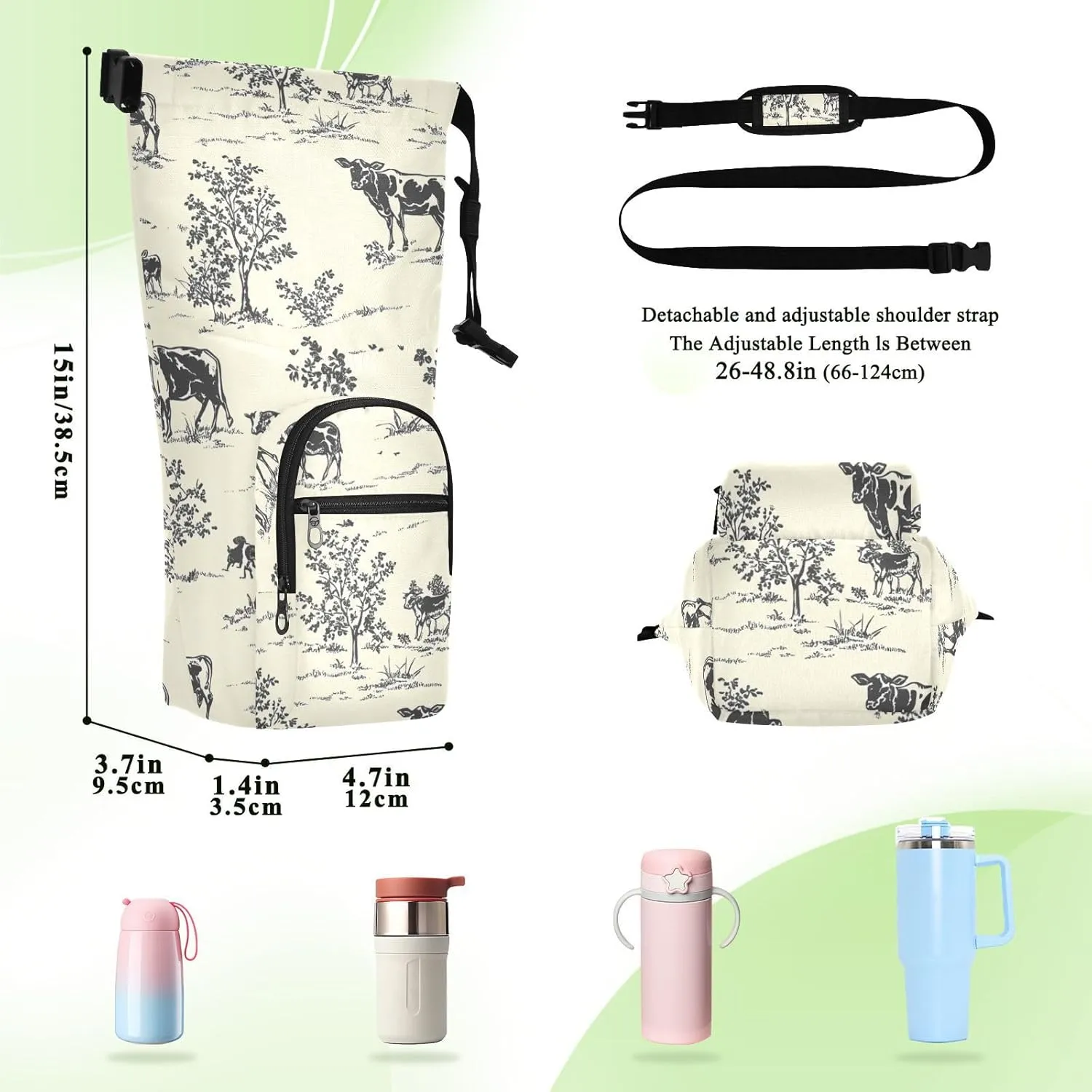 Versatile Insulated Water Bottle Bag, Fits 20oz-40oz Bottles, Lightweight & Adjustable for Commuting, Travel, Hiking & Outdoor Adventures, Prairie Cow