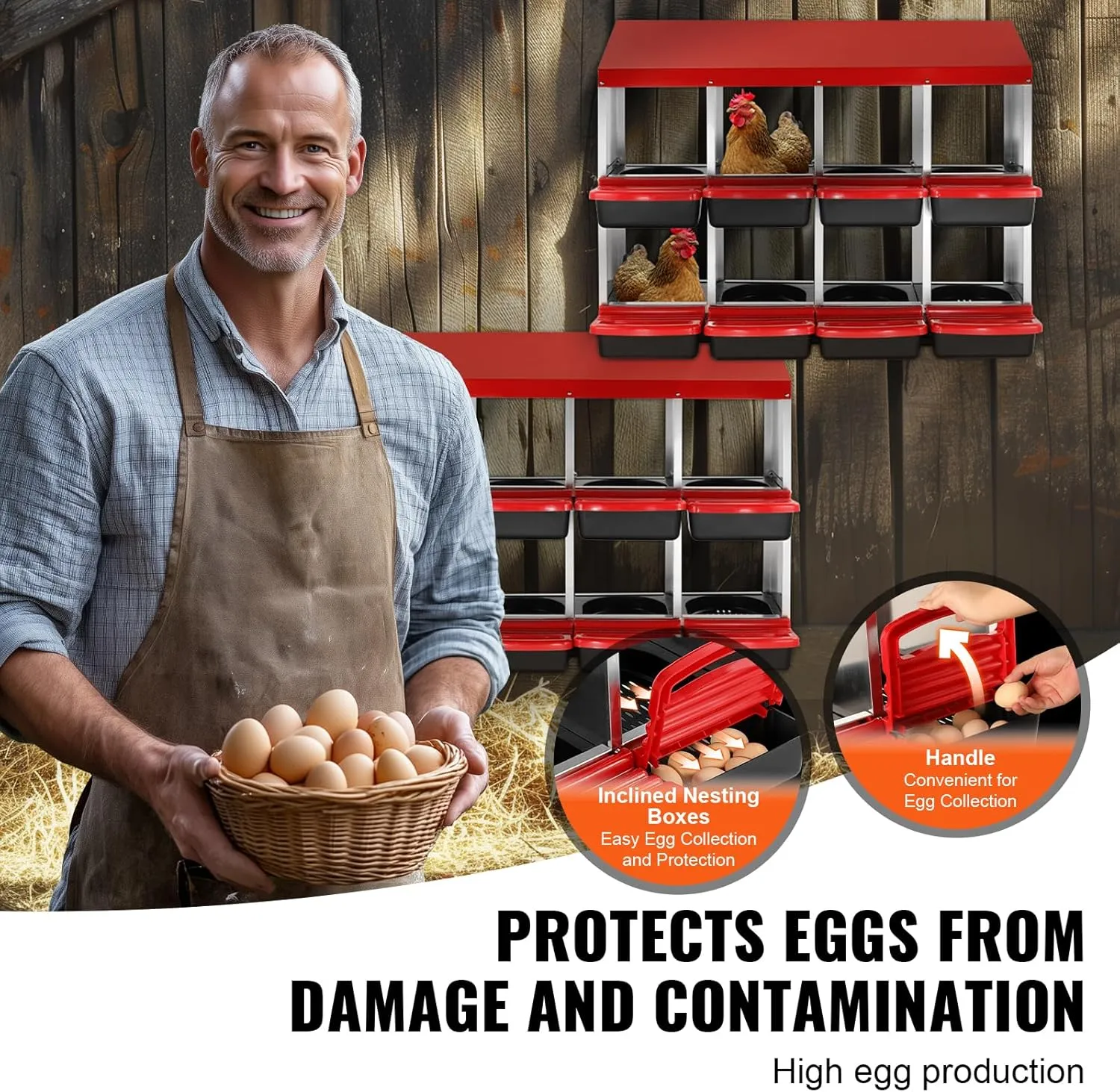 VEVOR Chicken Nest Box, 8-Compartment, 30 to 45 in Stable & Corrosion-Resistant Metal Nesting Boxes with Inclined Nesting Boxes, Bottom Holes & Resting Platform, Fit for Different Chicken Breeds