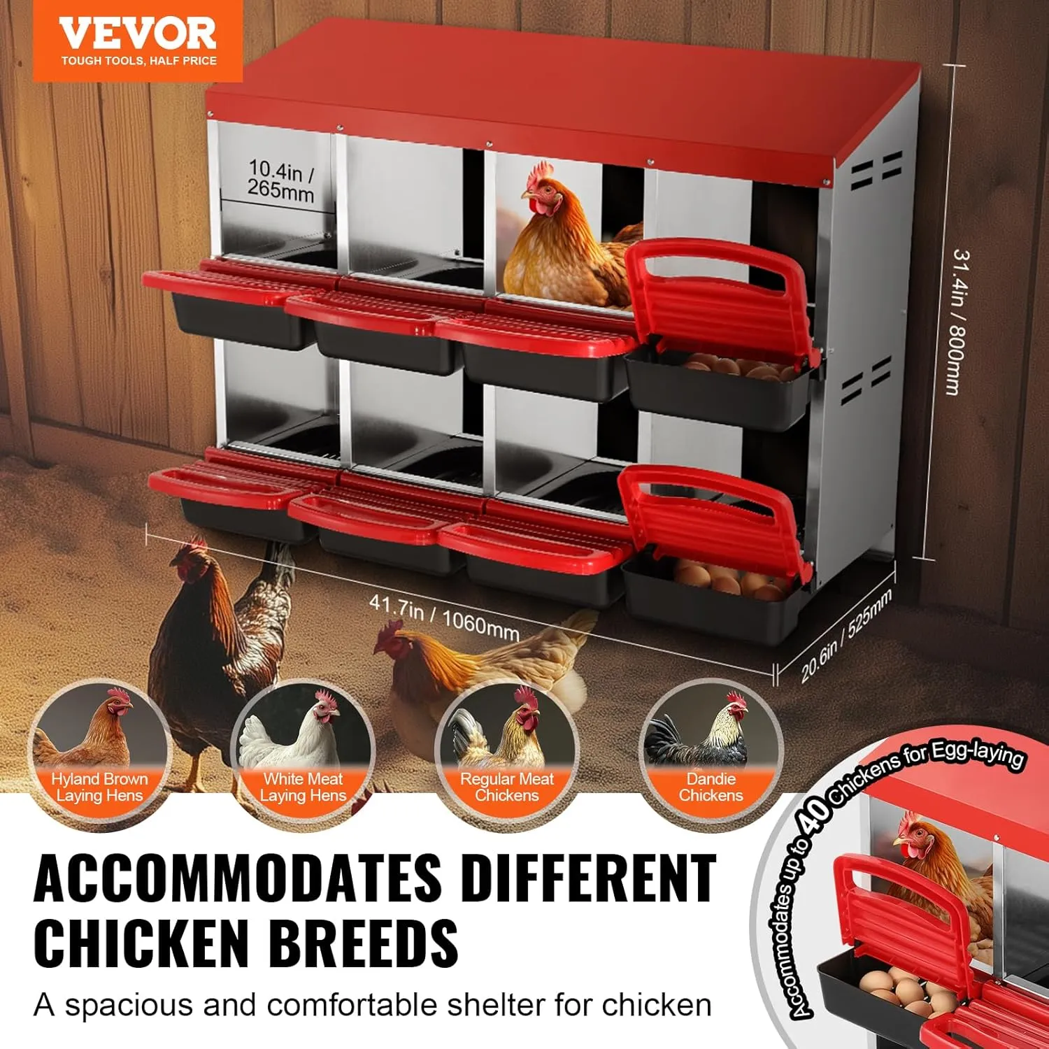 VEVOR Chicken Nest Box, 8-Compartment, 30 to 45 in Stable & Corrosion-Resistant Metal Nesting Boxes with Inclined Nesting Boxes, Bottom Holes & Resting Platform, Fit for Different Chicken Breeds