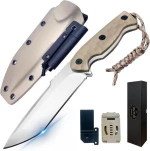 VG-10 Steel Survival Knife with G10 Handle & K-Sheath - 10" Tactical Outdoor Knife, Fire Starter Kit, Multi-Position Carry