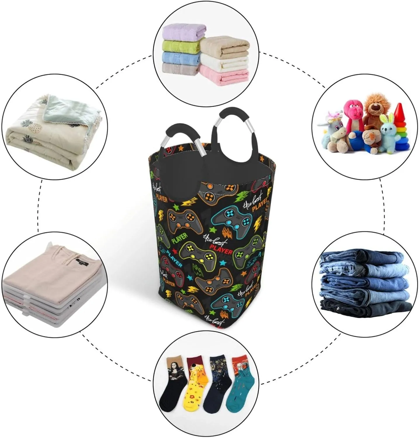 Video Game Joysticks Laundry Basket with Handles Gaming Theme Laundry Hamper Toys Storage Organizer Foldable Bucket Washing Bin Dirty Clothes Bag for Home Bathroom Bedroom Dorm