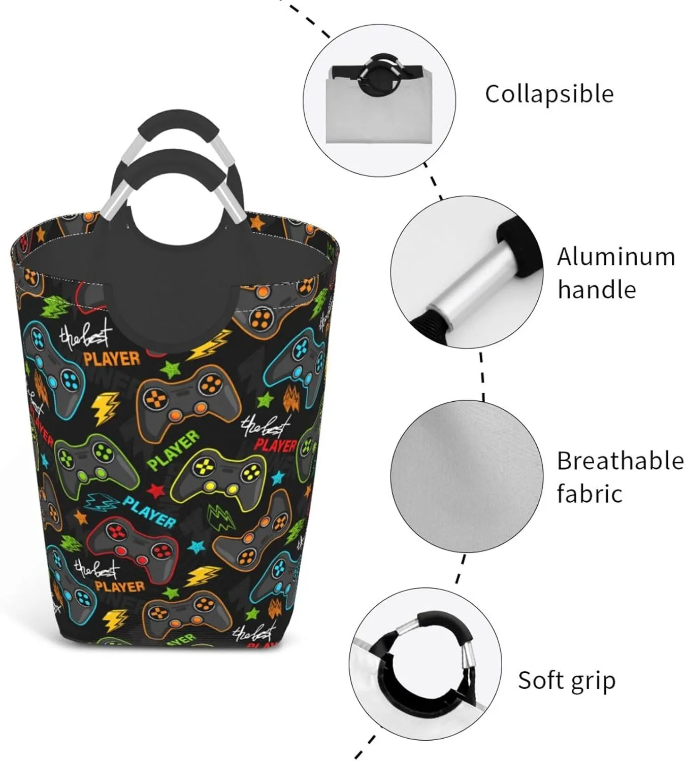 Video Game Joysticks Laundry Basket with Handles Gaming Theme Laundry Hamper Toys Storage Organizer Foldable Bucket Washing Bin Dirty Clothes Bag for Home Bathroom Bedroom Dorm