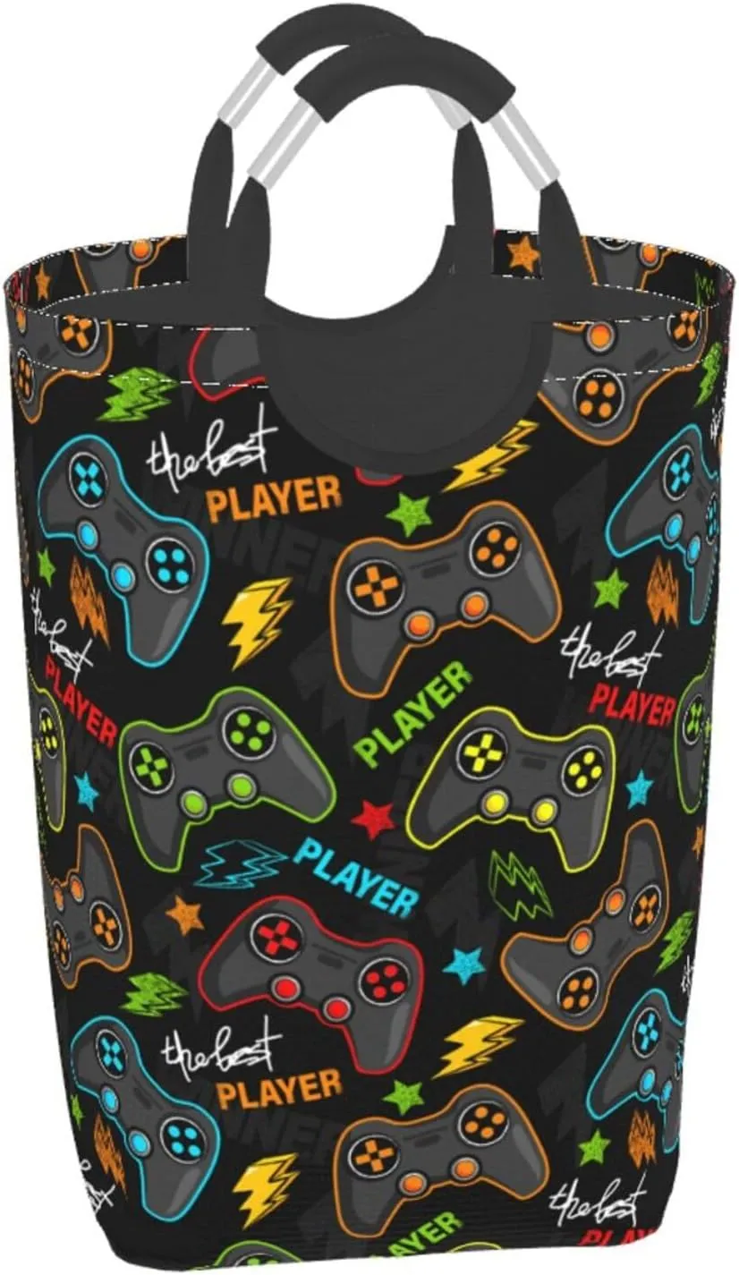 Video Game Joysticks Laundry Basket with Handles Gaming Theme Laundry Hamper Toys Storage Organizer Foldable Bucket Washing Bin Dirty Clothes Bag for Home Bathroom Bedroom Dorm
