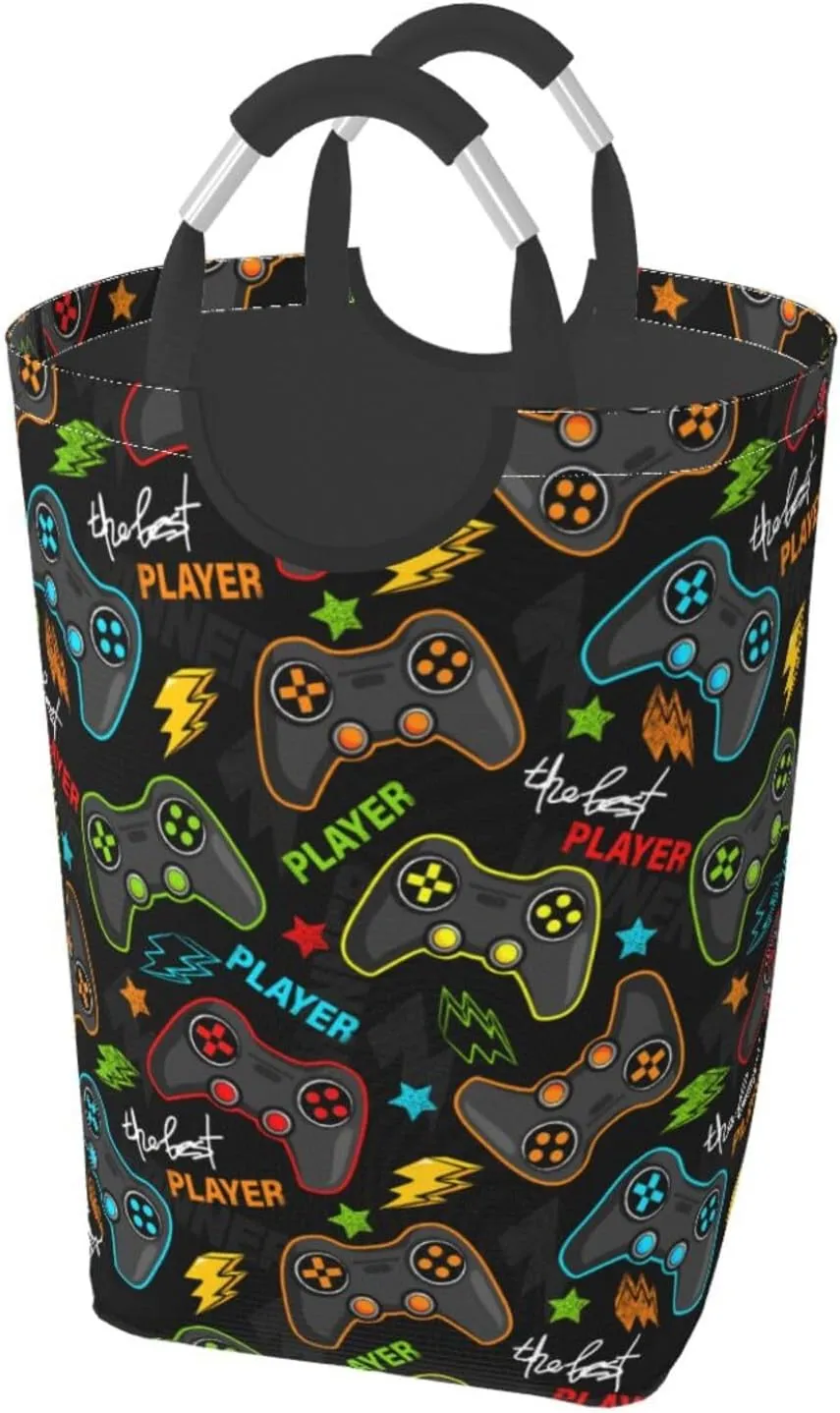 Video Game Joysticks Laundry Basket with Handles Gaming Theme Laundry Hamper Toys Storage Organizer Foldable Bucket Washing Bin Dirty Clothes Bag for Home Bathroom Bedroom Dorm
