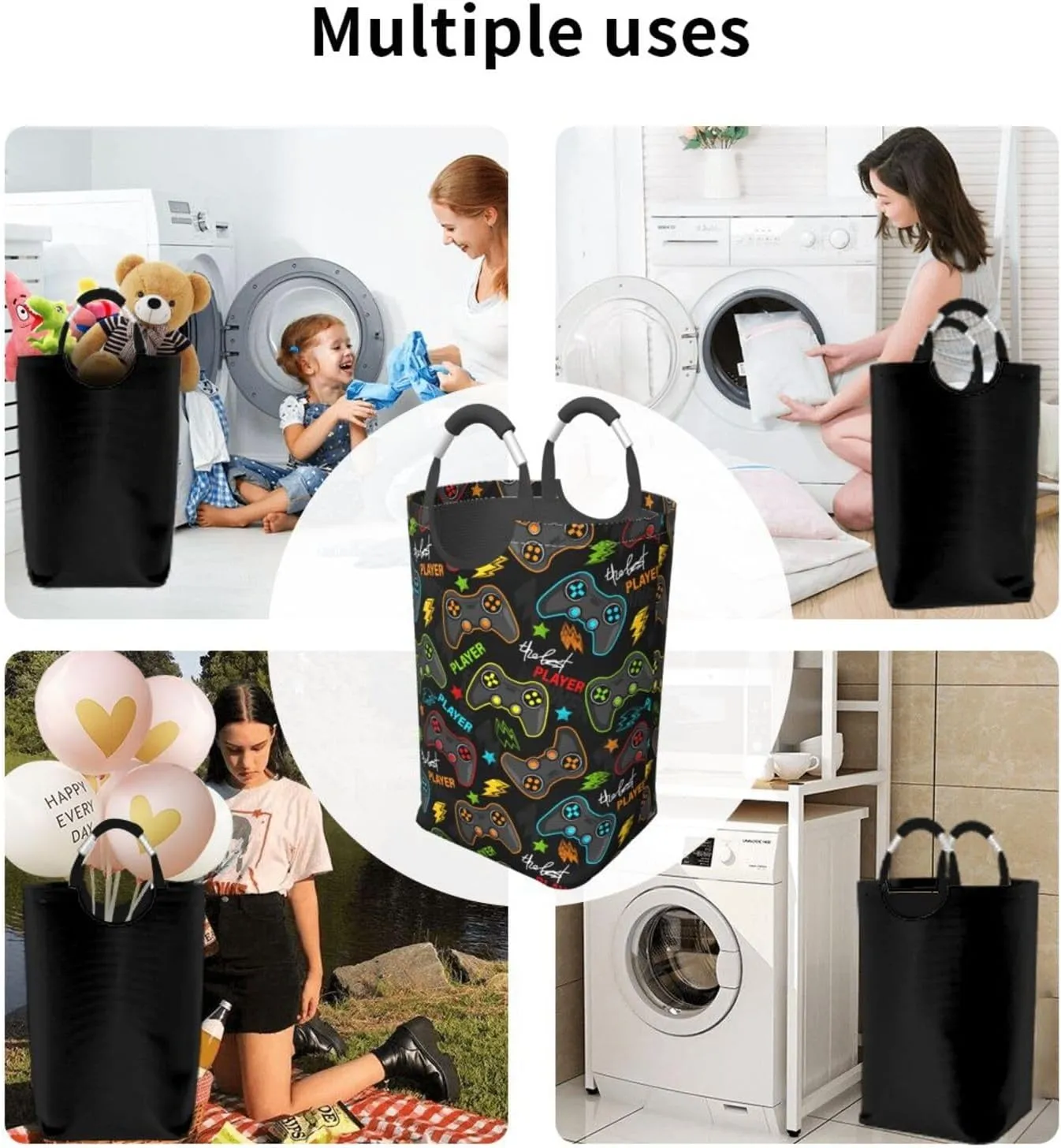 Video Game Joysticks Laundry Basket with Handles Gaming Theme Laundry Hamper Toys Storage Organizer Foldable Bucket Washing Bin Dirty Clothes Bag for Home Bathroom Bedroom Dorm