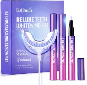 VieBeaut Teeth Whitening Kit – 32X LED Light   Gel Pen for Sensitive Teeth, Removes Stains from Food, Coffee, Wine & Smoking
