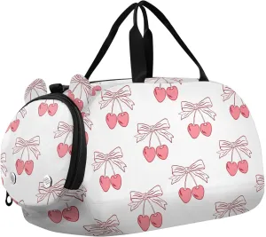 VIGTRO Cherry Bows Kids Overnight Travel Duffel Bag Sport Gym Bag for Boys Girls with Shoe Compartment, Pink Carry On Weekender Luggage Bag for Dance Swim Yoga