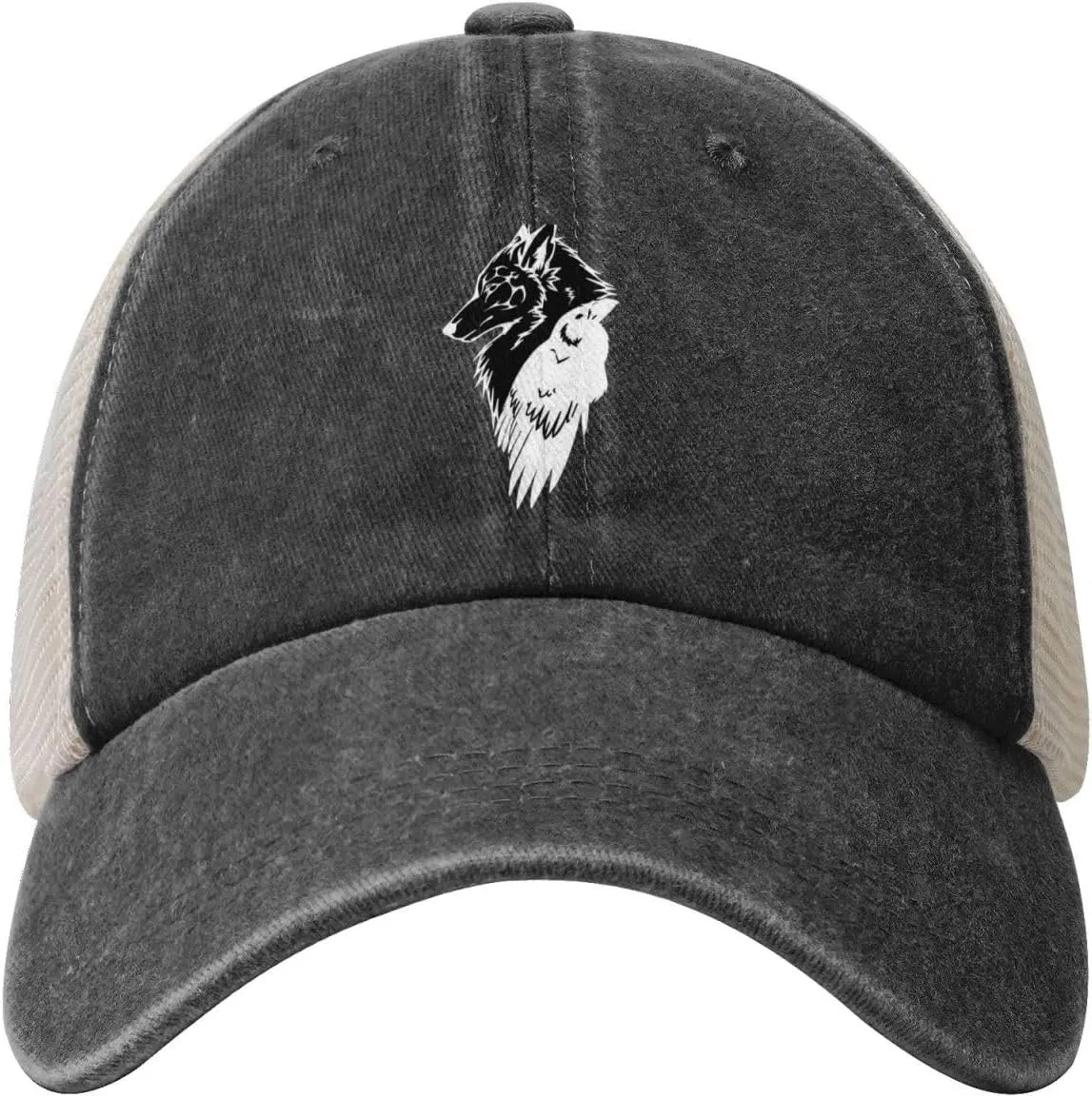 Viking Norse Wolf Raven Rune Outdoor Adjustable Washed Denim Mesh Hat Denim Baseball Cap Cowboy Hat