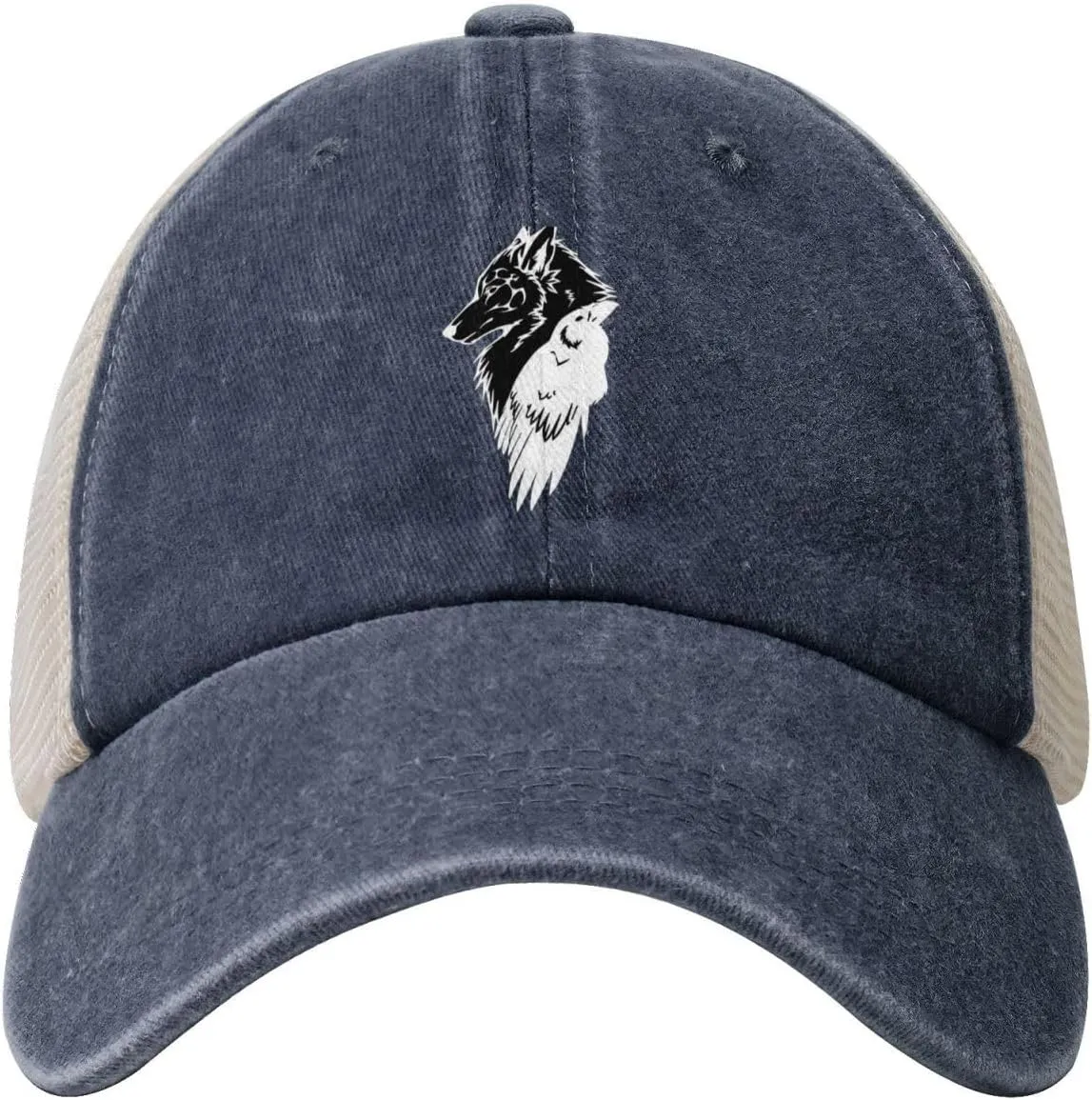 Viking Norse Wolf Raven Rune Outdoor Adjustable Washed Denim Mesh Hat Denim Baseball Cap Cowboy Hat