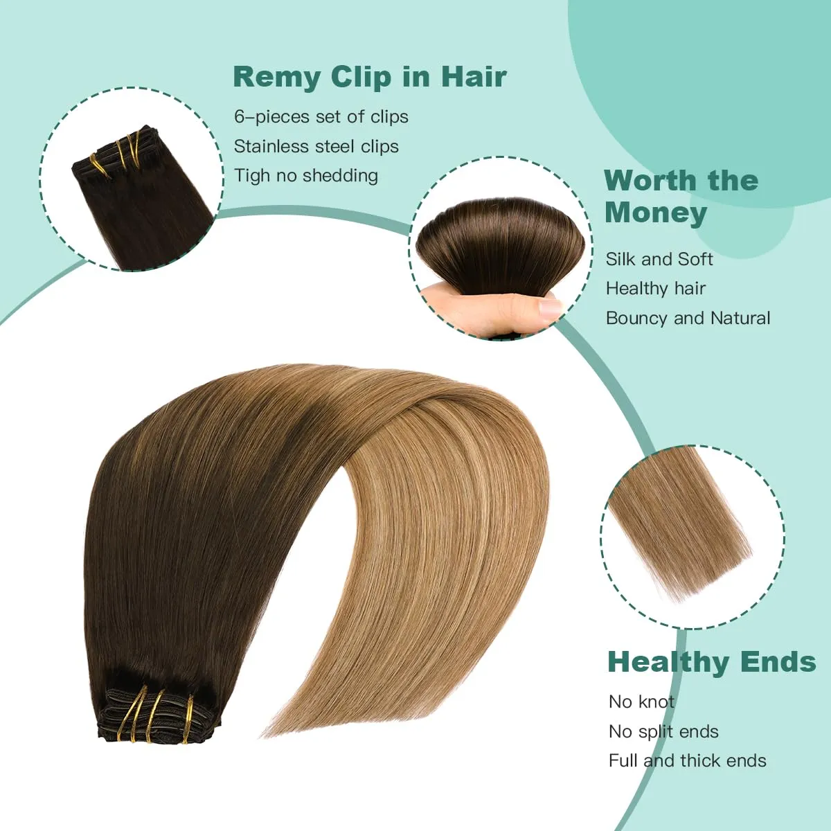 VINBAO 16 Inch Clip in Extension Real Hair Clip in Extensions Human Hair 100 Grams 6 Pieces Color 1B/4/27 Dark Roots to Blonde Balayage Sew in Clips for Extension Natural Hair (#1B/4/27, 16'')