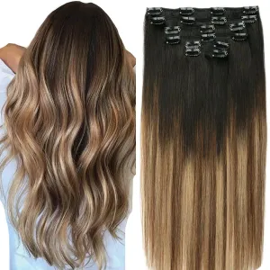 VINBAO 16 Inch Clip in Extension Real Hair Clip in Extensions Human Hair 100 Grams 6 Pieces Color 1B/4/27 Dark Roots to Blonde Balayage Sew in Clips for Extension Natural Hair (#1B/4/27, 16'')