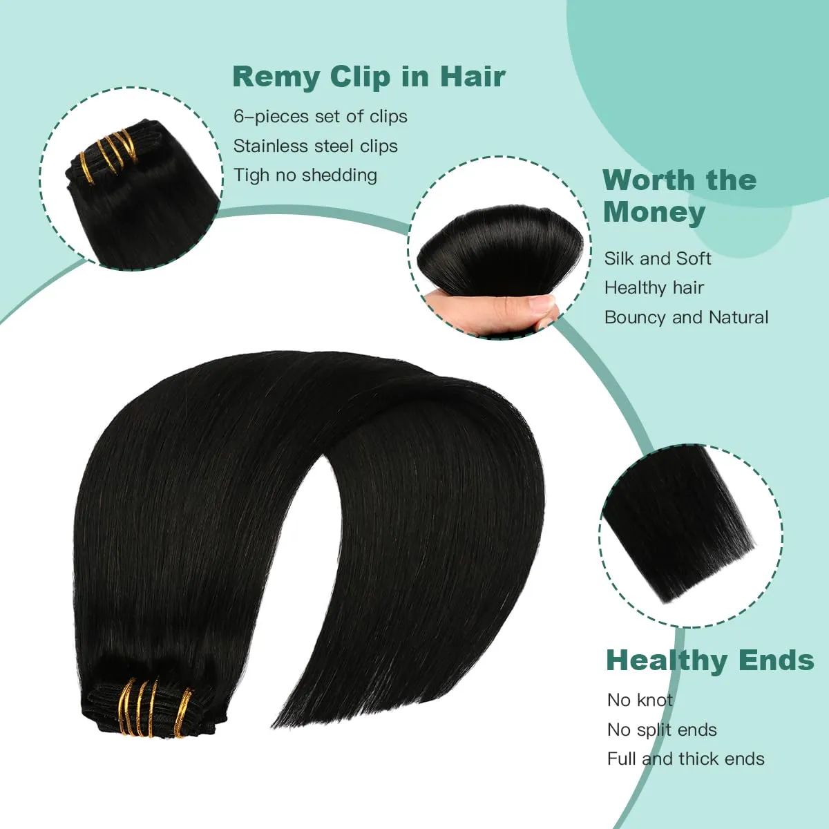 VINBAO Clip in Real Human Hair Extensions - Jet Black, Straight, Double Weft, 16in, 6pcs, 100g Full Head, Thick End (#1,16'')