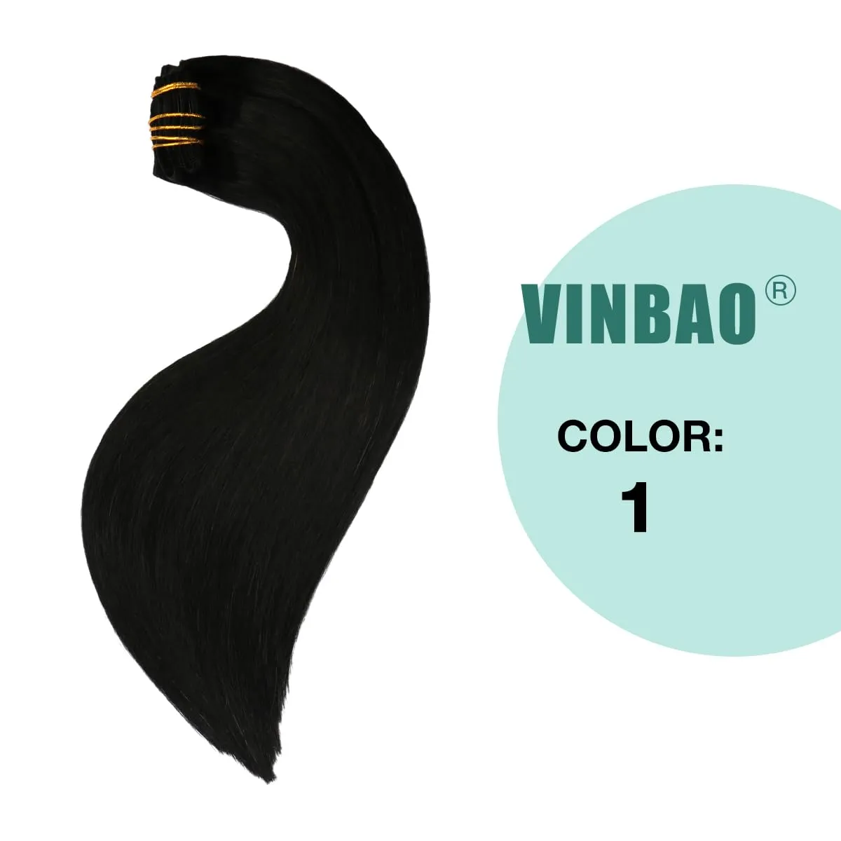 VINBAO Clip in Real Human Hair Extensions - Jet Black, Straight, Double Weft, 16in, 6pcs, 100g Full Head, Thick End (#1,16'')
