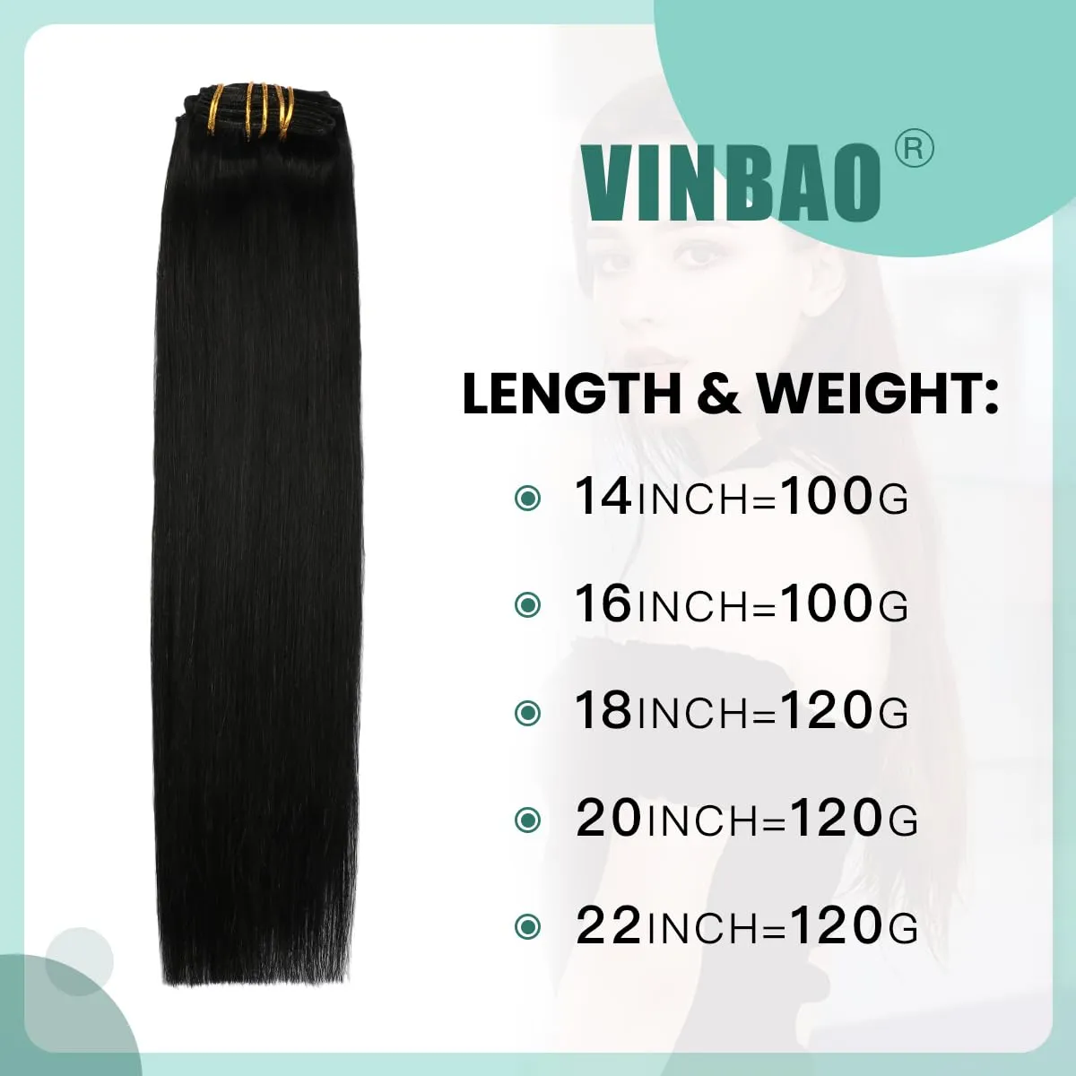 VINBAO Clip in Real Human Hair Extensions - Jet Black, Straight, Double Weft, 16in, 6pcs, 100g Full Head, Thick End (#1,16'')