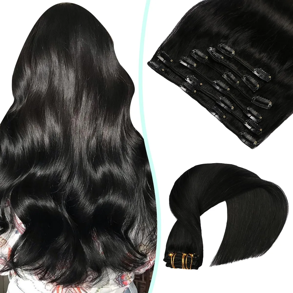 VINBAO Clip in Real Human Hair Extensions - Jet Black, Straight, Double Weft, 16in, 6pcs, 100g Full Head, Thick End (#1,16'')