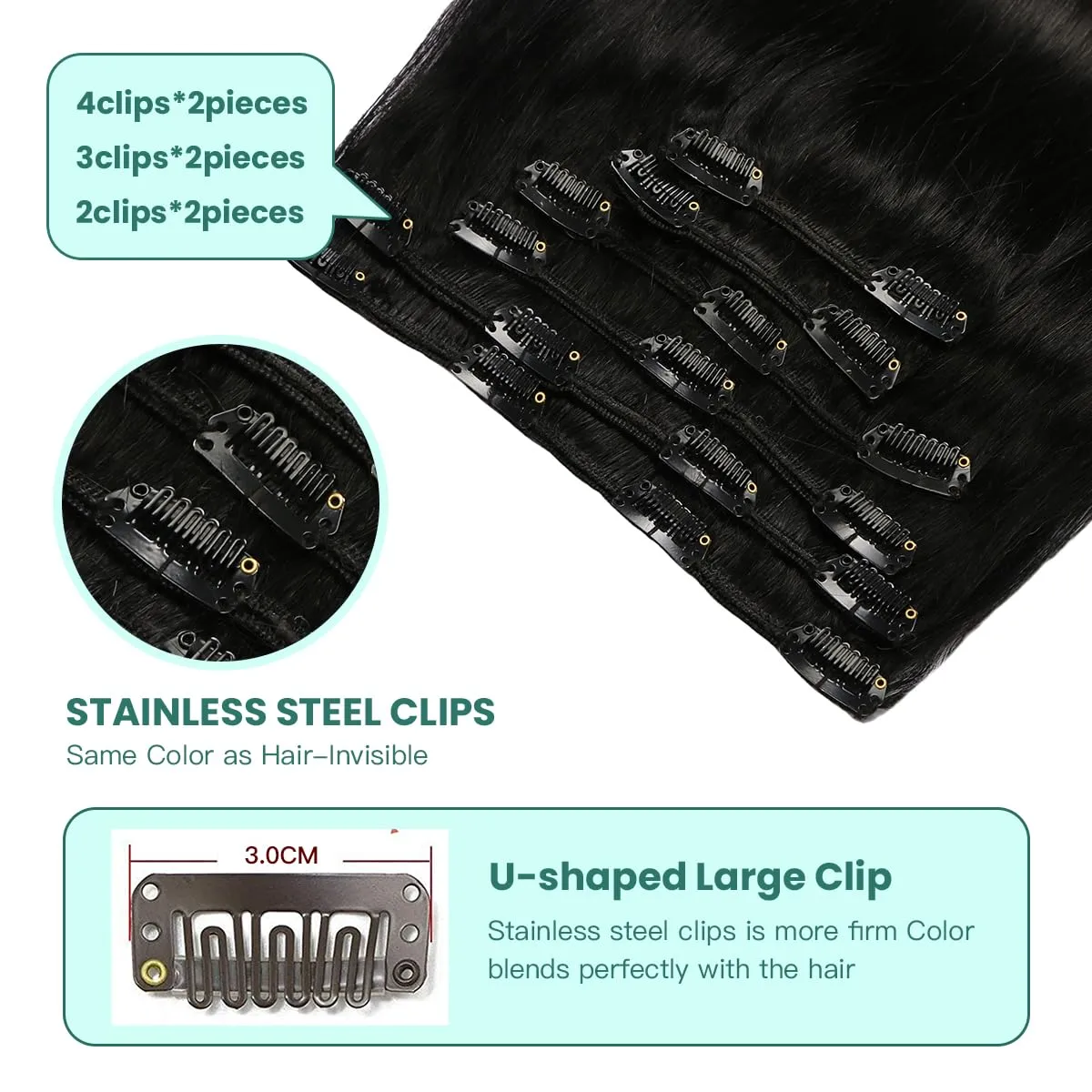 VINBAO Clip in Real Human Hair Extensions - Jet Black, Straight, Double Weft, 16in, 6pcs, 100g Full Head, Thick End (#1,16'')