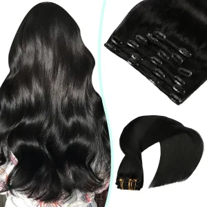 VINBAO Clip in Real Human Hair Extensions - Jet Black, Straight, Double Weft, 16in, 6pcs, 100g Full Head, Thick End (#1,16'')