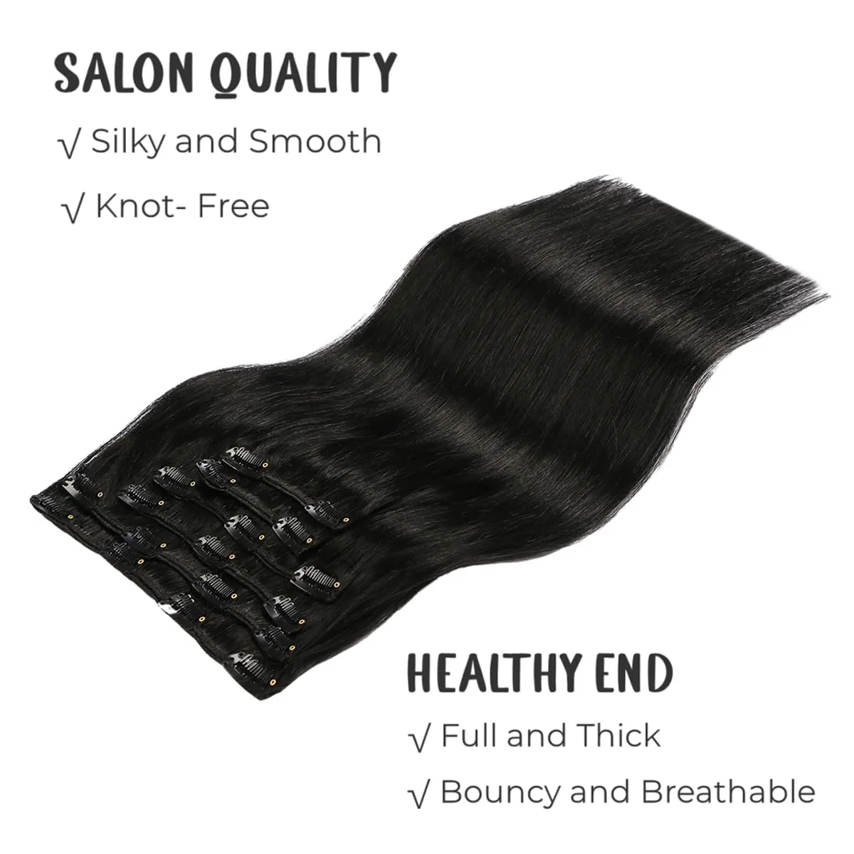VINBAO Clip in Real Human Hair Extensions - Jet Black, Straight, Double Weft, 16in, 6pcs, 100g Full Head, Thick End (#1,16'')