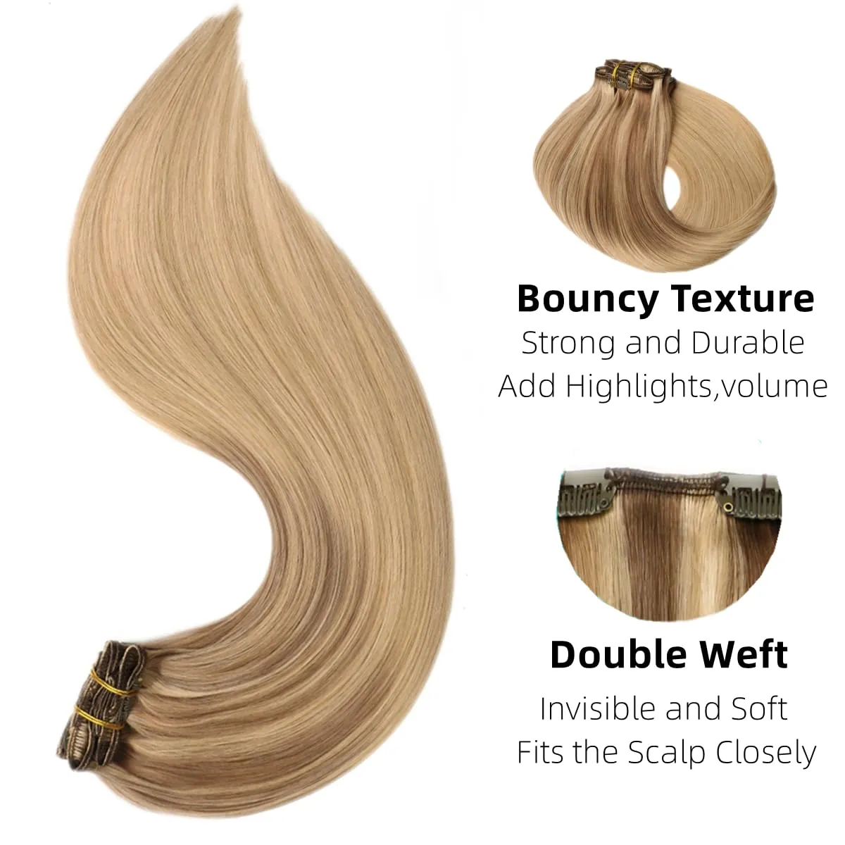 VINBAO Human Hair Extensions Clip in Balayage Light Brown to Caramel Blonde 16 Inch 100g 6pcs Remy Clip in Hair Extensions Straight Thick Hair Extension (#10/16/16, 16'')