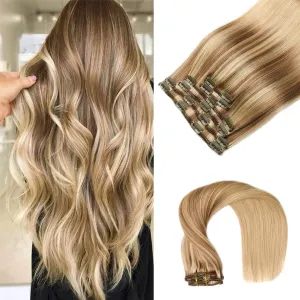 VINBAO Human Hair Extensions Clip in Balayage Light Brown to Caramel Blonde 16 Inch 100g 6pcs Remy Clip in Hair Extensions Straight Thick Hair Extension (#10/16/16, 16'')