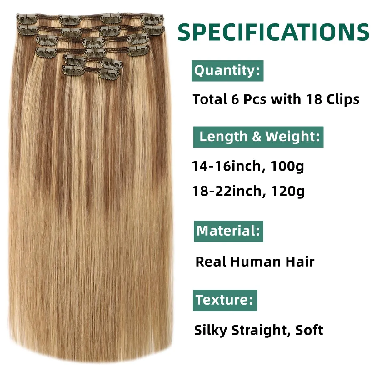 VINBAO Human Hair Extensions Clip in Balayage Light Brown to Caramel Blonde 16 Inch 100g 6pcs Remy Clip in Hair Extensions Straight Thick Hair Extension (#10/16/16, 16'')