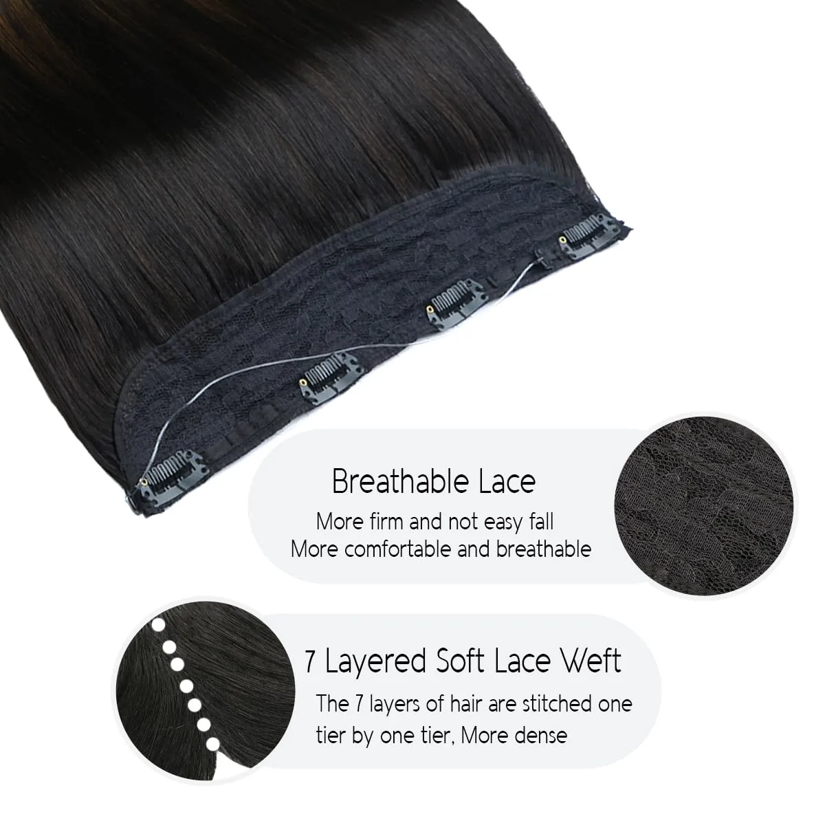 VINBAO Human Hair Extensions - Ombre Natural Black to Medium Brown - 18 Inch 85g Transparent Invisible Wire (1BT4)