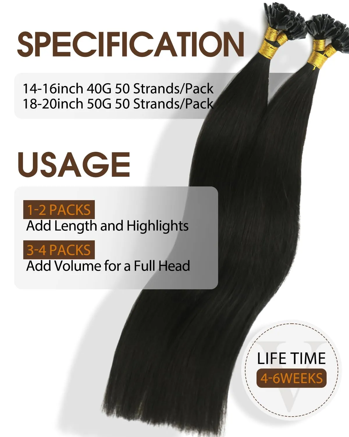 VINBAO U Tip Human Hair Extensions, Natural Black 50s 40g, Human Hair Extensions K Tip Hair Extensions, Hot Fusion Invisible Remy Keratin Hair Extensions 16in U Tip #1B