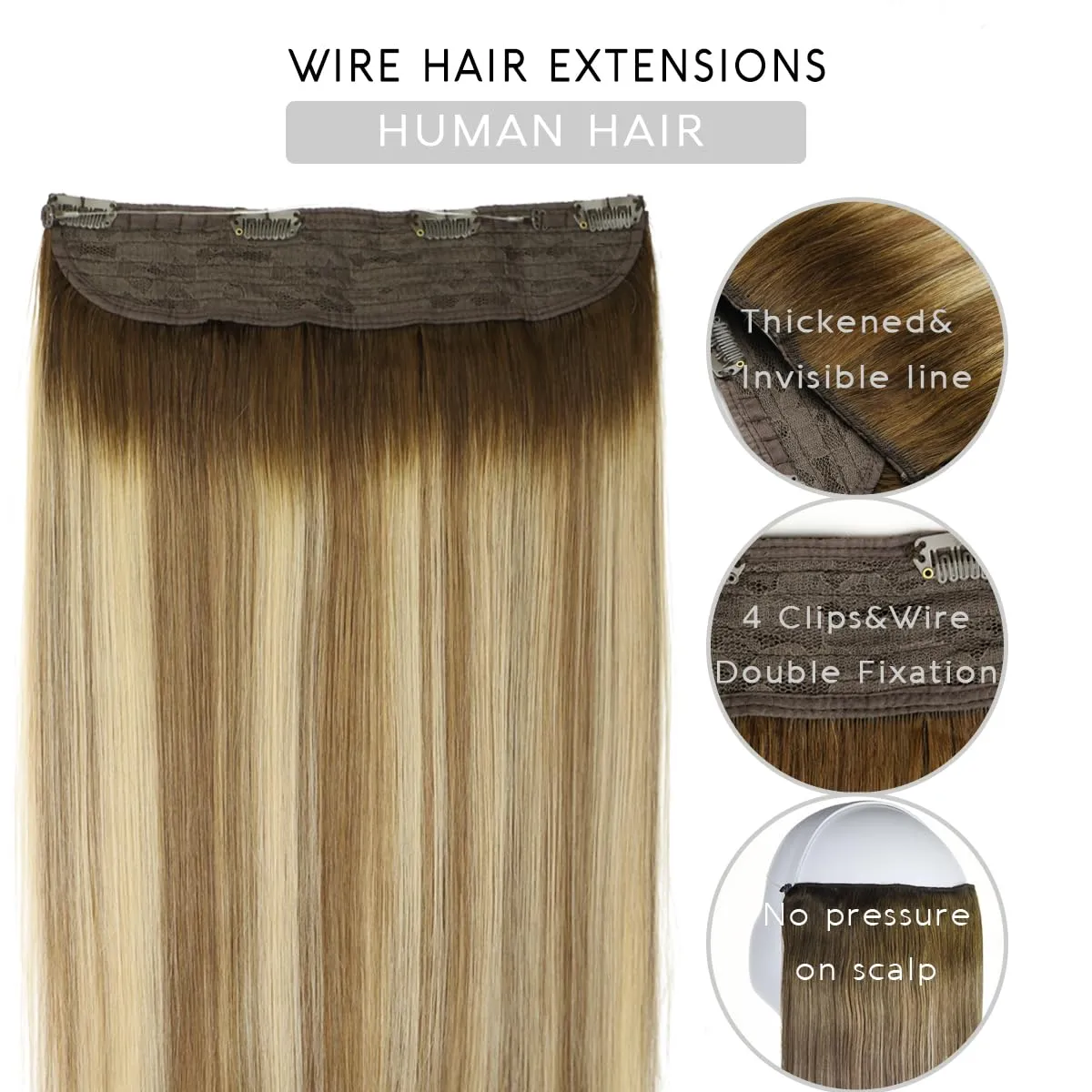 VINBAO Wire Hair Extensions Human Hair Balayage Color 3 Fading to 8 and Highlight 22 Blonde Wire Hair 18 Inch 85g Secret Extensions with Invisible Line for Women (#3822 18in)
