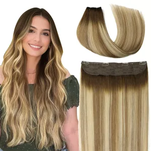 VINBAO Wire Hair Extensions Human Hair Balayage Color 3 Fading to 8 and Highlight 22 Blonde Wire Hair 18 Inch 85g Secret Extensions with Invisible Line for Women (#3822 18in)