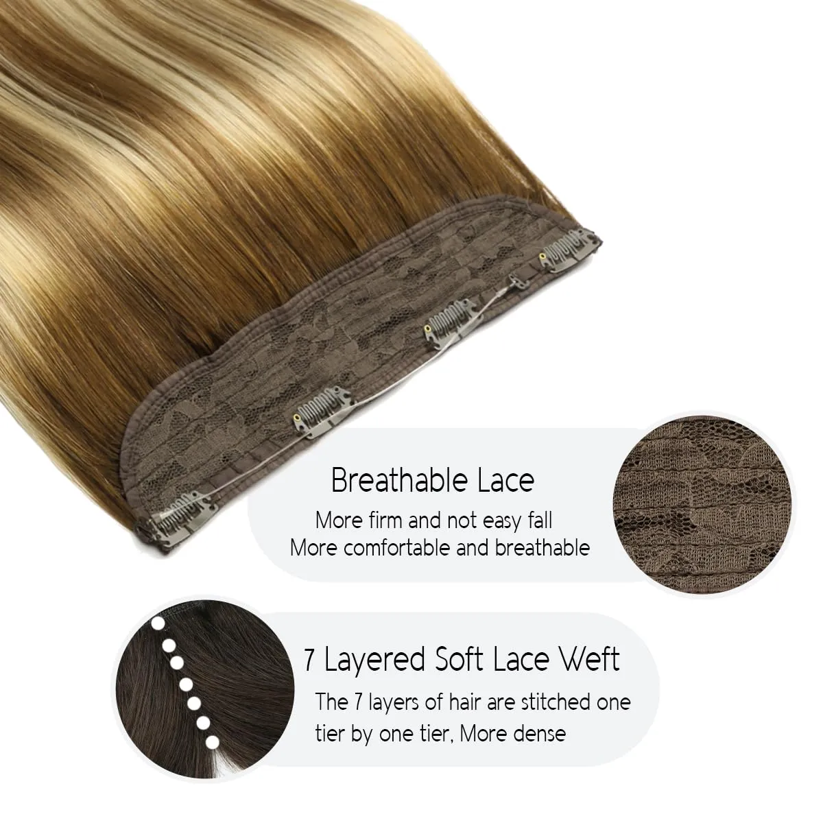 VINBAO Wire Hair Extensions Human Hair Balayage Color 3 Fading to 8 and Highlight 22 Blonde Wire Hair 18 Inch 85g Secret Extensions with Invisible Line for Women (#3822 18in)