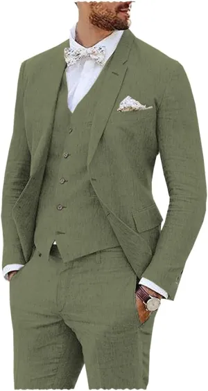 Vintage Linen Suit for Men's 3 Piece Formal Wedding Suit Groomsmen Wear