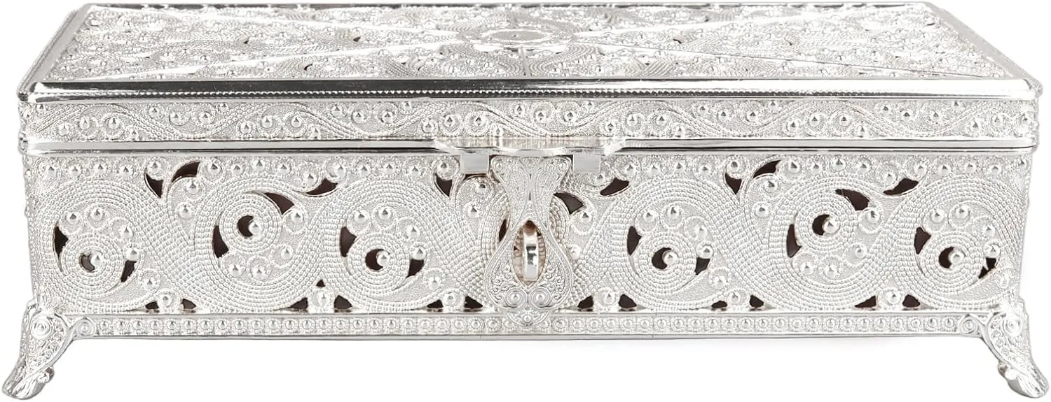 Vintage Metal Jewelry Box Soft Velvet Protection Rectangular Trinket Box for Girl Women Necklace Earrings Rings (Silver)