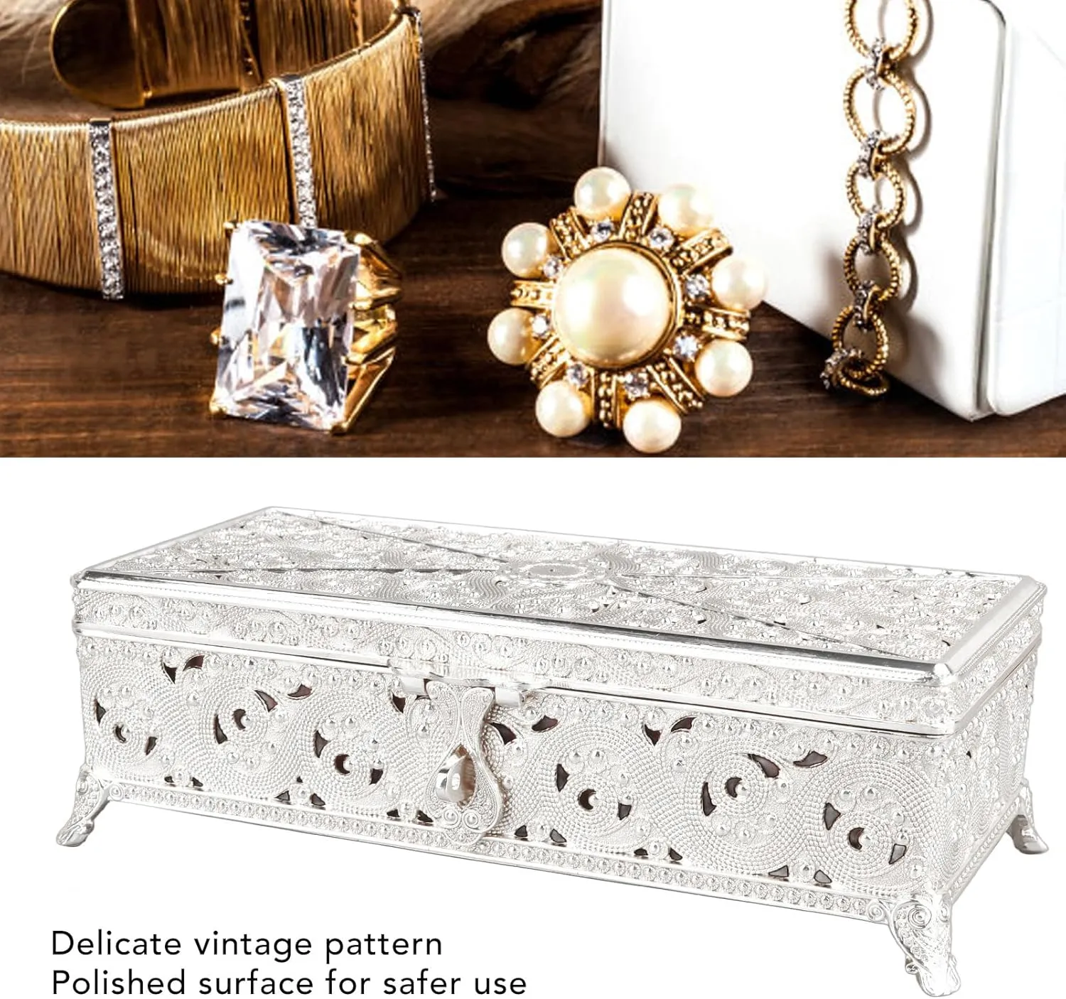 Vintage Metal Jewelry Box Soft Velvet Protection Rectangular Trinket Box for Girl Women Necklace Earrings Rings (Silver)