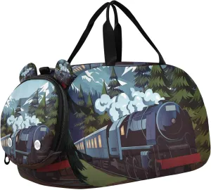 Vintage Train Retro Sports Duffle Bag for Girls Boys Kids, Gym Bag with Shoe Compartment, Kids Travel Overnight Weekender Shoulder Bag