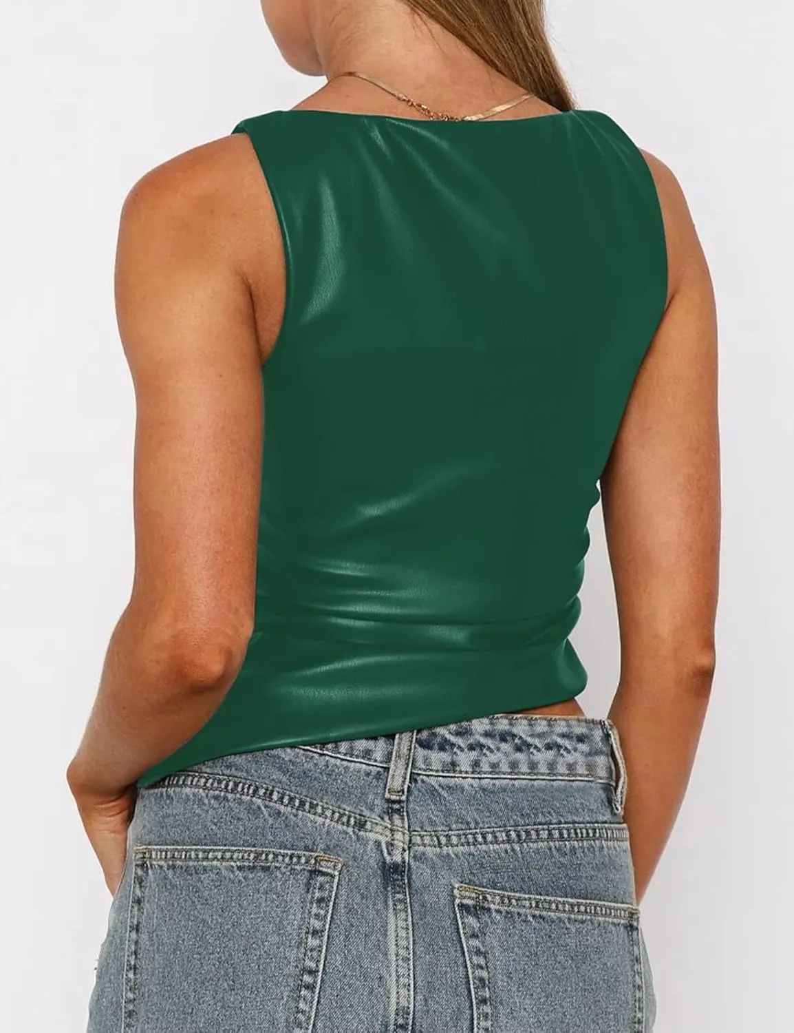 Vivitulip Women's Faux Leather Ruched Tank Top High Neck Sleeveless Cami Shirt