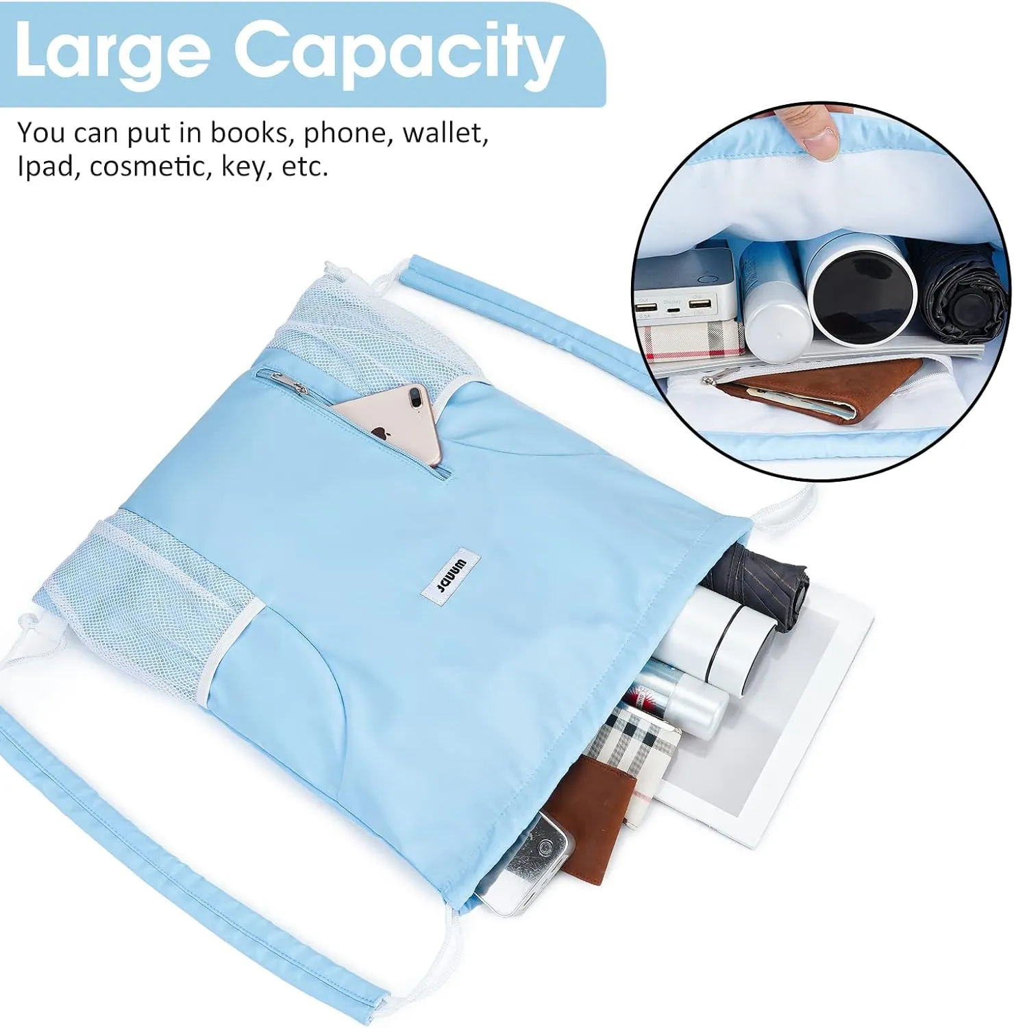 WANDF Drawstring Backpack with Shoulder Pad Sports Gym Backpack with Mesh Pocket String Bag for Women Men(Blue)