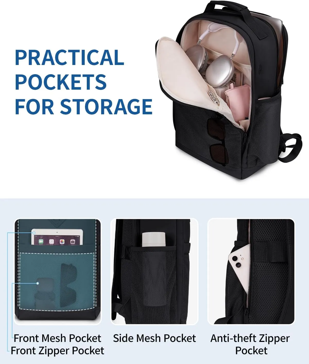 WANDF Travel Laptop Backpack for Women Men, 15.6 Inch laptop Bag College Backpack with USB Port, 18x14x8 Personal Item Bag