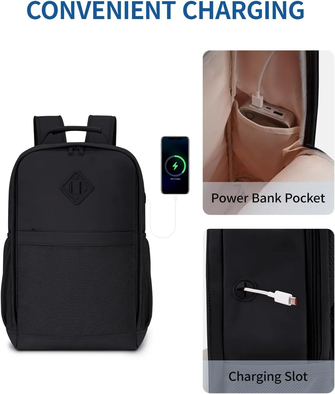 WANDF Travel Laptop Backpack for Women Men, 15.6 Inch laptop Bag College Backpack with USB Port, 18x14x8 Personal Item Bag