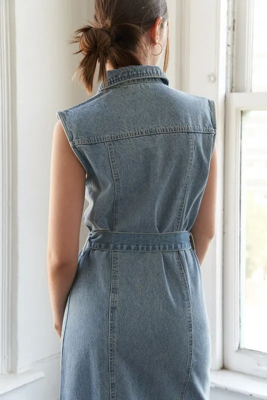 Washed Denim Collared Midi Dress