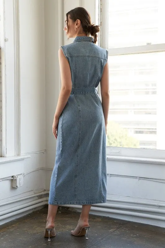 Washed Denim Collared Midi Dress