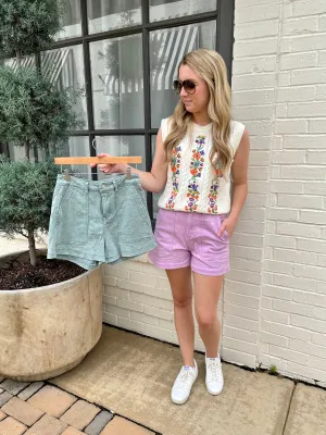 Washed Denim Shorts- Green