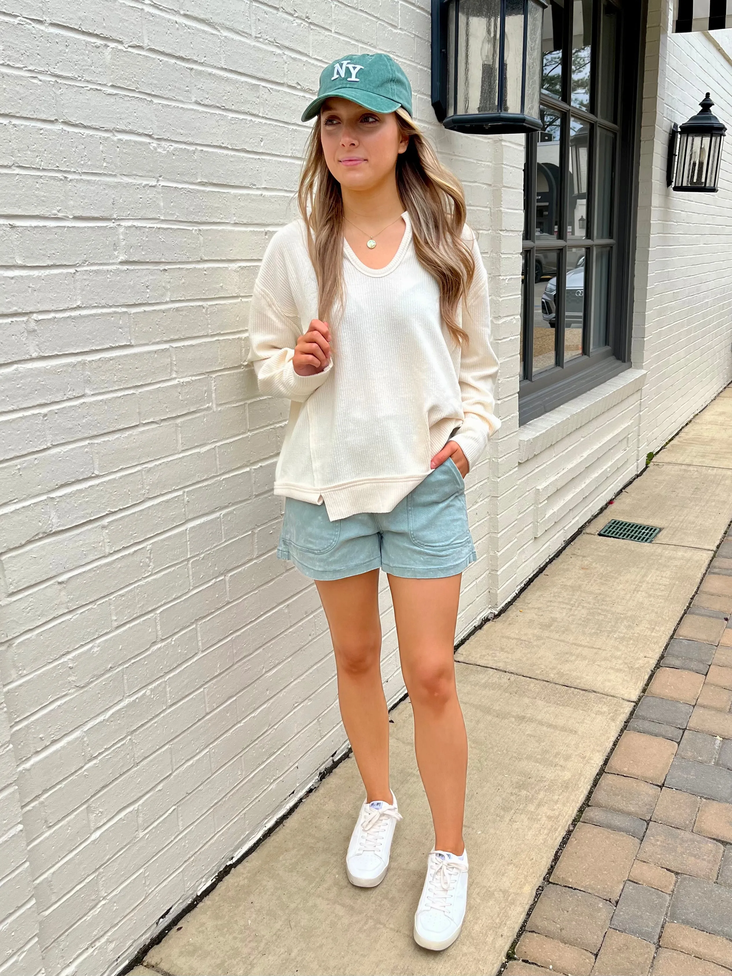 Washed Denim Shorts- Green