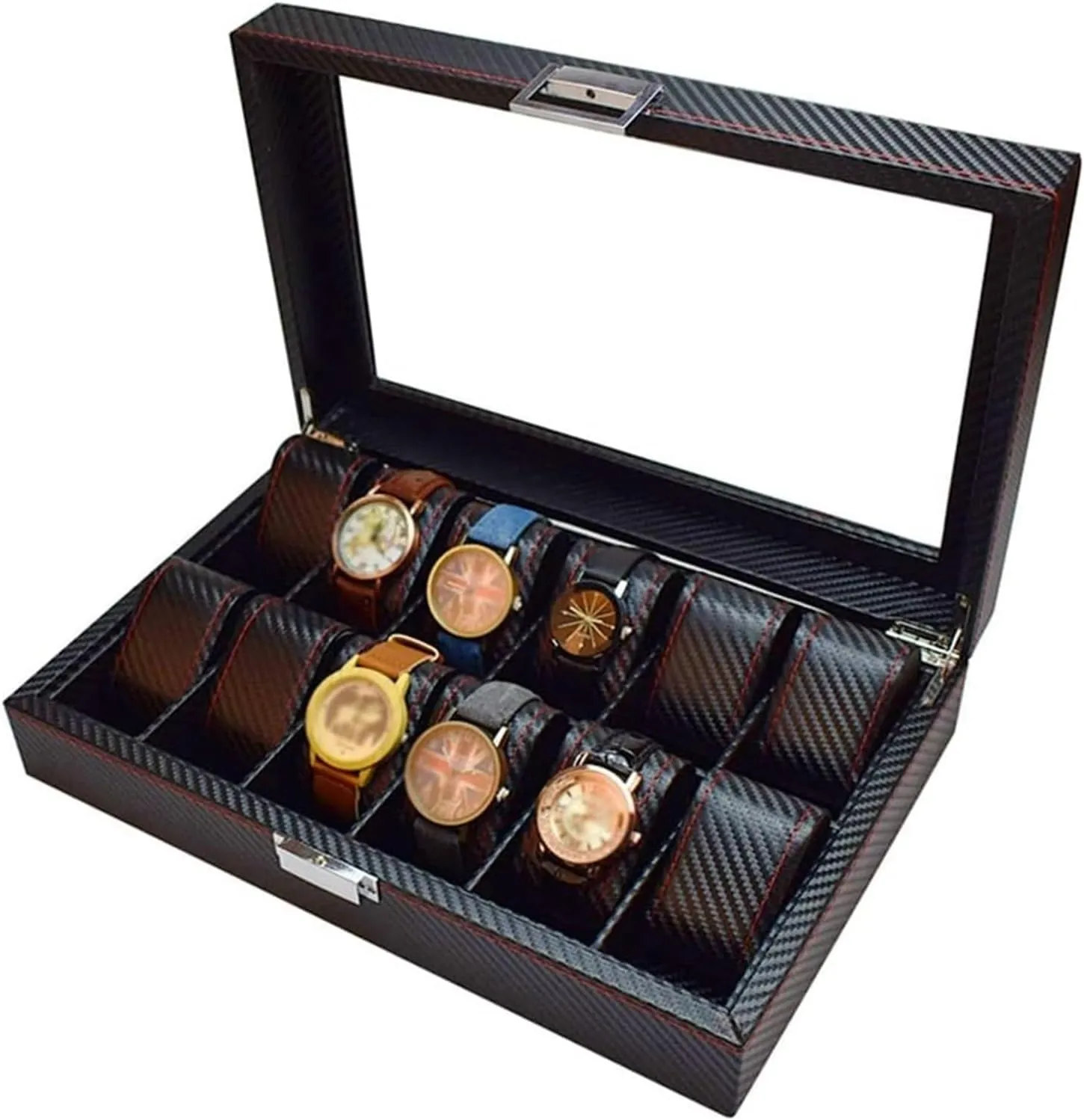 Watch Case,Elegant Large Watch Box Organizer for Men Women with 12 Slots, Transparent top, Portable Leather Watch Holder Mens Watches Case Storage Best for The Husband,